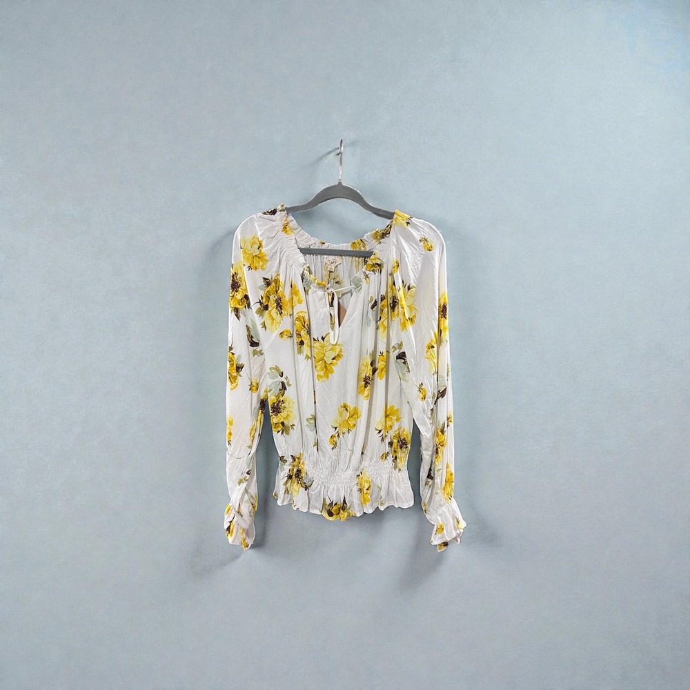 MAIN TRIP Womens White Yellow Floral Print Smocked Peplum Long Sleeve Blouse Top